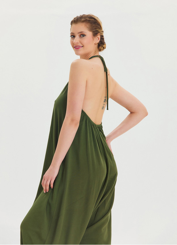 Khaki Bohemian Jumpsuit with Elasticated Legs and Tied Neck 4483